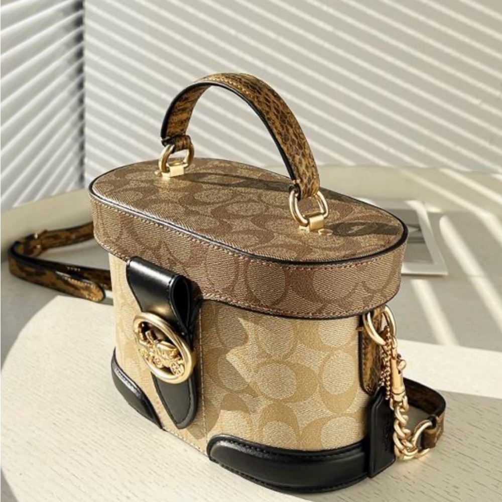 Coach Beige Signature Canvas Top-Handle Satchel with Black Trim - Picture 3 of 8